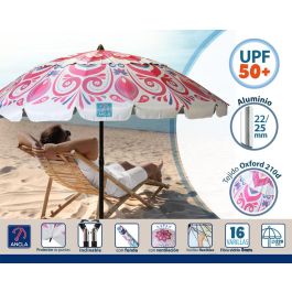 Atosa Sombrilla De Playa Reclinable De Aluminio Modelo Mándala Floral Con Upf 50+ Fucsia 220 cm 22-25 mm Morado