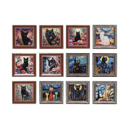 DKD Home Decor Posavasos Shabby de Dolomita y Corcho Negro Multicolor con Gato Negro 11 x 0.5 x 11 cm (72 Unidades)
