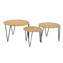 DKD Home Decor Bali 2020 Mesita Auxiliar Marron Negro Metal Cuerda 62 x 40.5 x 62 cm Set de 3