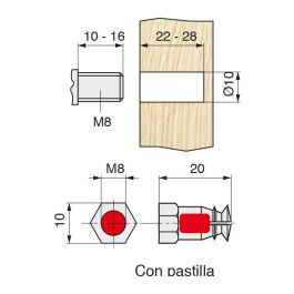Herrajes ALK ESPANDER 10 M820PA Tuerca Expansible Latón M8-20 con Pastilla para Taladro 10mm