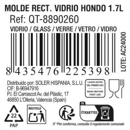 Molde rectangular de vidrio hondo Quttin 28.2 x 11.6 x 7.7 cm 1.7L (6 Unidades) Molde rectangular de vidrio hondo Quttin 28.2 x 11.6 x 7.7 cm 1.7L (6 Unidades)