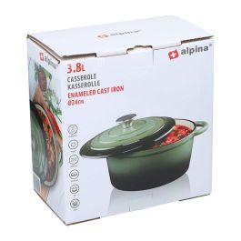Alpina Cacerola Cocina de Hierro Fundido Esmaltado Verde 3,8 Litros Ø24 x 11,8 cm Apta para Todo Tipo de Fuegos, Horno y Lavavajillas