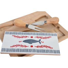 DKD Home Decor Tabla Aperitivo Mediterraneo Azul Rojo Bambu Gres Set 4 Piezas 20 x 1.2 x 24.5 cm