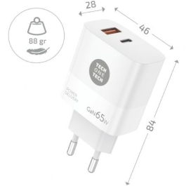 Cargador Gan de Pared Tech One Tech GaN TEC2270/ 1xUSB Tipo-C/ 1x USB/ 65W/ Blanco