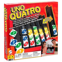 Mattel Games Hpf82 UNO Quatro Juego de Mesa Familiar de Estrategia con Fichas Deslizantes, Cuatro en Raya y Cartas de Acción para +7 años