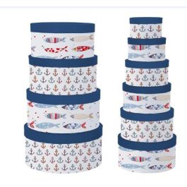 DKD Home Decor Caja de Cartón Colección Costa Peces Tema Atlántico Azul Marino Blanco 37.5x37.5x18 cm Set de 10