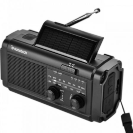 Sunstech Radio Portátil RPE25BK Negra AM/FM, Linterna LED, Alarma SOS, Power Bank, Carga Solar y Manivela, 2000 mAh, Ideal Camping
