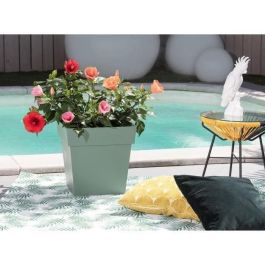EDA PLASTIQUE Macetero Cuadrado Toscana de Plástico Inyectado - 32x32x32cm, 22 L, Verde Laurel - Resistente UV y Heladas, Interior/Exterior