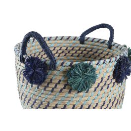 DKD Home Decor Cesta Mediterraneo Hecha a Mano Seagrass y PP con Pompones Multicolor 44 x 34 x 46 cm Set de 3