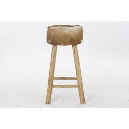 DKD Home Decor Taburete Colonial Madera Piel Vaca Colores Natural Marrón Blanco Altura Asiento 77 cm 42x42 cm