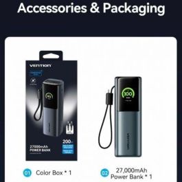 Vention FKGH0 Powerbank 27000mAh 200W con Pantalla Digital TFT, Carga 3 Dispositivos, Gris