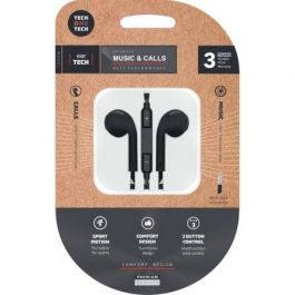 Tech One Tech Auriculares Eartech con Micrófono, Control de Volumen y Botón Multifunción, Compatibles con Apple, Android y Windows, Negro