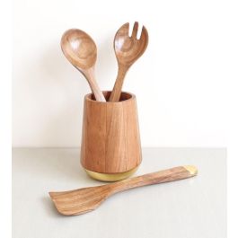 DKD Home Decor Woodsun 23 Bote para Utensilios Basicos, Set de 4 Piezas, Acacia e Inox, Natural y Dorado, 13 x 16.5 x 13 cm