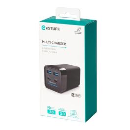 eSTUFF Cargador Multi PD GaN 120W 4 Puertos (2 USB-C + 2 USB-A) Carga Inteligente para Portátil, Tablet y Móvil