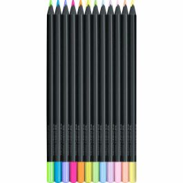 Faber-Castell Estuche Cartón 12 Lápices de Color Neon Black Edition, Mina Superblanda, Madera Negra, 116410