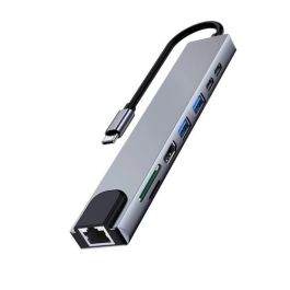 Ewent EW1146 Base Docking USB-C Multipuerto 8 en 1 con HDMI 4K, Power Delivery 87W, LAN Gigabit, USB, Lector SD/MicroSD Gris Aluminio