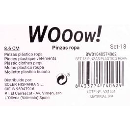 Wooow Set 18 Pinzas de Plástico para Ropa Confortime 8,6 x 4 x 1 cm (36 Unidades)