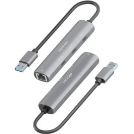 AISENS Dock USB-A a Ethernet Gigabit + Hub 3xUSB-C, Gris, 15cm, USB 3.0