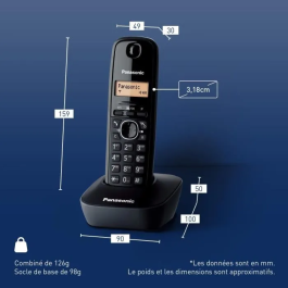 Panasonic KX-TG1611FRH Teléfono Inalámbrico Residencial Digital Negro, Sin Contestador Automático, Pantalla Retroiluminada, Directorio 50 Nombres, 15h Conversación