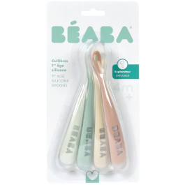 Beaba Juego de 4 cucharas de silicona para primera edad, color gris terciopelo y verde salvia