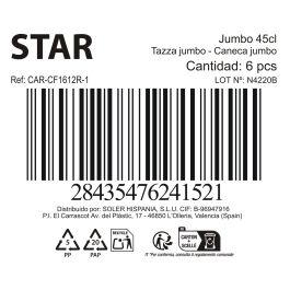 Inde Jumbo 450Cc 'Star' - Taza Grande de 450 ml Roja, 11.3 x 7.8 x 14 cm (6 Unidades)