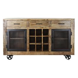 DKD Home Decor Buffet Vintage Marrón Oscuro Negro de Mango y Metal con Botellero, Ruedas, 3 Cajones y 2 Puertas 150x43x90 cm