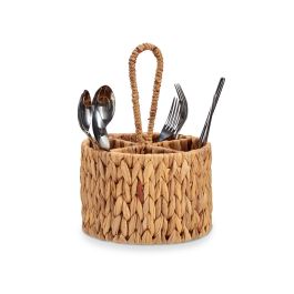 Giftdecor Cubertero Redondo de Paja con 4 Huecos, Jacinto Acuático y Metal, Marrón, 20x30x20 cm (Set de 12)