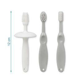 KioKids Set Higiene Bucal Evolutivo Bebé, 3 Cepillos Dentales Silicona y Nylon con Tope, Gris, +0 Meses