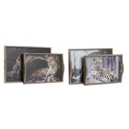 DKD Home Decor Bandeja Decorativa Colonial Set de 2 MDF Diseño Leopardo Multicolor 40.5x30x6.5 cm