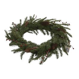 DKD Home Decor Corona de Navidad Alpina con 35 LEDs y Piñas, Verde y Marrón, 60x60x13 cm, Funciona con Pilas AA (2 Unidades)