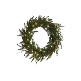DKD Home Decor Corona de Navidad Alpina con 35 LEDs y Piñas, Verde y Marrón, 60x60x13 cm, Funciona con Pilas AA (2 Unidades)