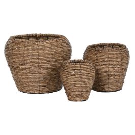 DKD Home Decor Macetero Marron Fibra y Metal Set de 3 Piezas 41 x 32 x 41 cm