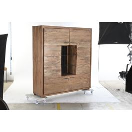 DKD Home Decor Armario Colonial Marrón 4 Puertas Acacia Cristal Led 145x40x153 cm