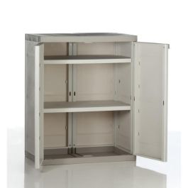 TITANIO PLASTIKEN Armario bajo 2 puertas con estantes A70 x P44 x H88 cm Beige y gris pardo TITANIO Gama interior / exterior