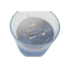 DKD Home Decor Vela Mediterraneo Cristal y Cera Azul Blanco 430gr 13.5x13.5x12.5 cm