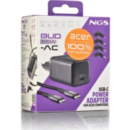 NGS Cargador GaN BUD65W-AC Portátil 65W USB Tipo-C Automático Voltaje 5-20V para Acer con 4 Conectores
