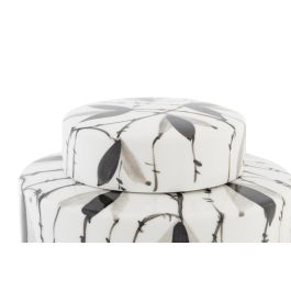 DKD Home Decor Tibor Oriental de Porcelana Blanco y Negro con Diseño de Hojas 17x16x17 cm