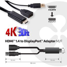 Club 3D Adaptador HDMI a DisplayPort Macho/Hembra 4K@30Hz, Conectores Dorados, Plug & Play, 0.18m Negro