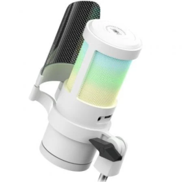 Mars Gaming Micrófono MMICSCW USB 2.0 Estudio Profesional Cápsula Cardoide 192kHz/24-bit Iluminación ARGB Brazo Mecánico Blanco