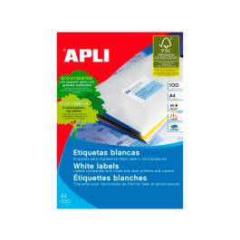 Apli Etiquetas Adhesivas Canto Recto 210x297 mm Inkjet-Láser Pack 100 Hojas Blanco