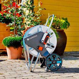 Gardena Carro de metal para manguera de 25 m, 5/8 pulg con manivela y soporte plegable