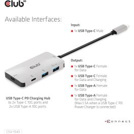 Club3D Adaptador USB 3.1 Tipo C a 2x USB-C + 2x USB-A Hub de Carga