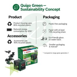 Bosch Quigo verde Nivel Láser de Líneas Cruzadas Autonivelante Haz Verde Alcance 12m Alta Visibilidad Incluye 2 Pilas