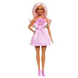 Barbie Hyt94 Muñeca Fashionista Pelo Rosa, Vestido Sin Tirantes con Corpiño en Forma de Rosa, Pasador Nacarado y Tacones Rosas