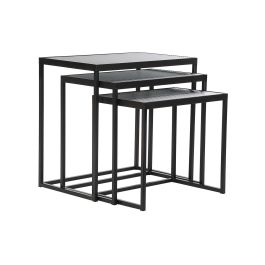 DKD Home Decor Mesita Auxiliar Loft Negra Metal Cristal 36.5 x 53.5 x 58 cm Set de 3