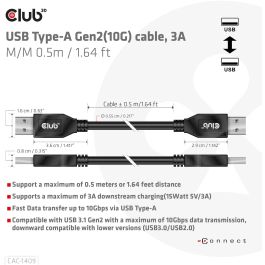 Club3D Cable USB-A a USB-A Gen2 (USB 3.2 Gen 2) 10 Gbps 0.5m Negro Macho/Macho - Carga Rápida 3A