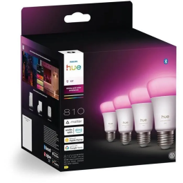Philips Hue Pack de 4 Bombillas LED A60 Conectadas, Luz Blanca y de Colores, E27 6W 810 Lúmenes, Blanco Cálido/Frio 1000-2000K, AABUO37027