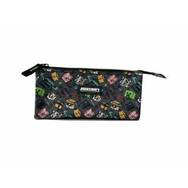 Minecraft Estuche Escolar Pixel 25 Triple para Niños, Interior Totalmente Forrado y Personalizado, Textil 9x23x9 cm