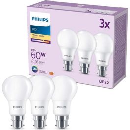 Bombilla LED - PHILIPS - 60 W - B22 - Blanco cálido - Mate - No regulable - 3 piezas Bombilla LED - PHILIPS - 60 W - B22 - Blanco cálido - Mate - No regulable - 3 piezas