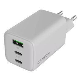 Canyon CU65ACC Cargador GaN 65W, 2 Puertos USB-C PD y 1 USB-A, Carga Rápida para Portátil/Smartphone, Enchufe UE, Blanco